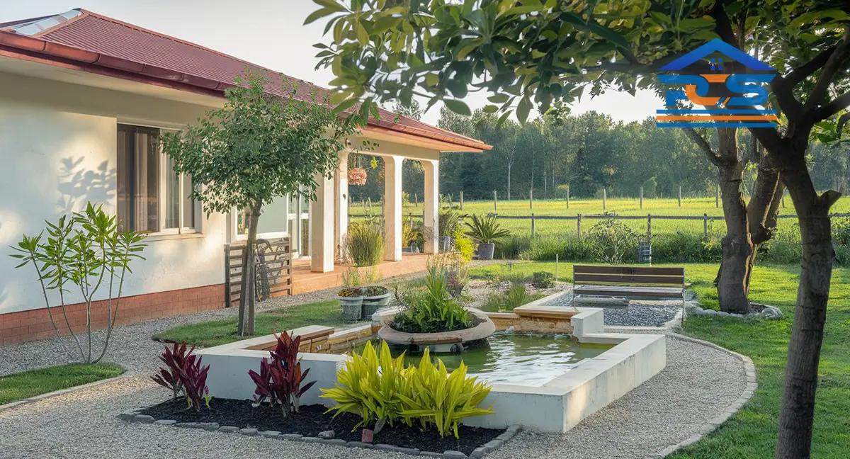Mẫu nhà cấp 4 với phong cách có hồ nước trước nhà, đây một phần cũng tạo nên sự hoàn mỹ cho ngôi nhà nhưng đôi khi cũng là phong thủy của chủ nhà.